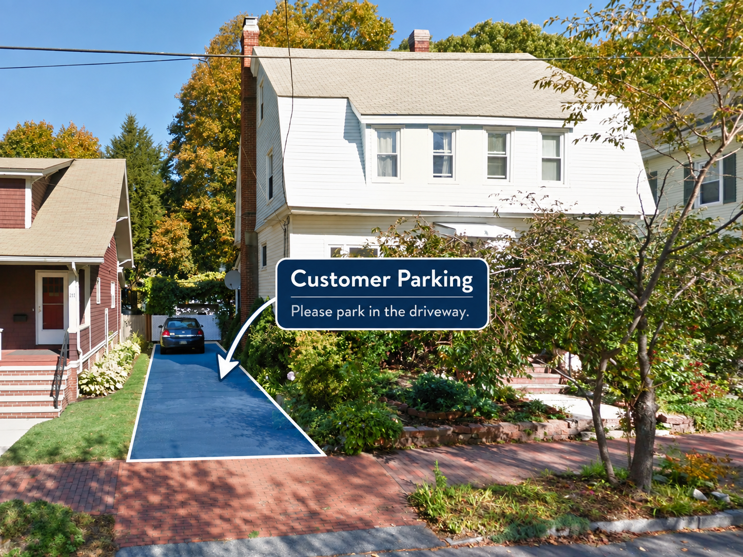 The Sewing Shop with the customer parking driveway highlighted